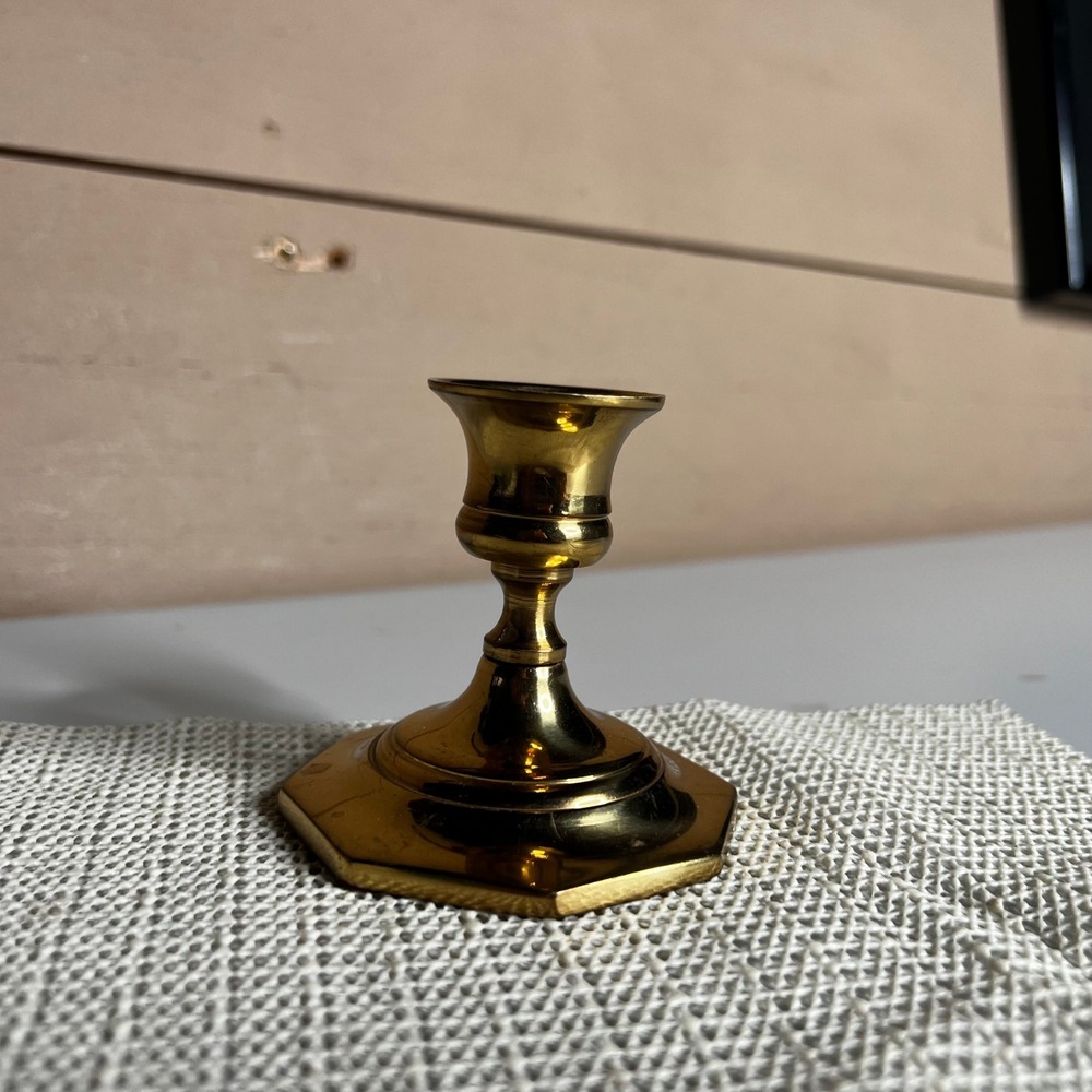 Vintage‎ Solid Brass Candlestick Holder Octagonal Base Made in India Gold 3 Inch